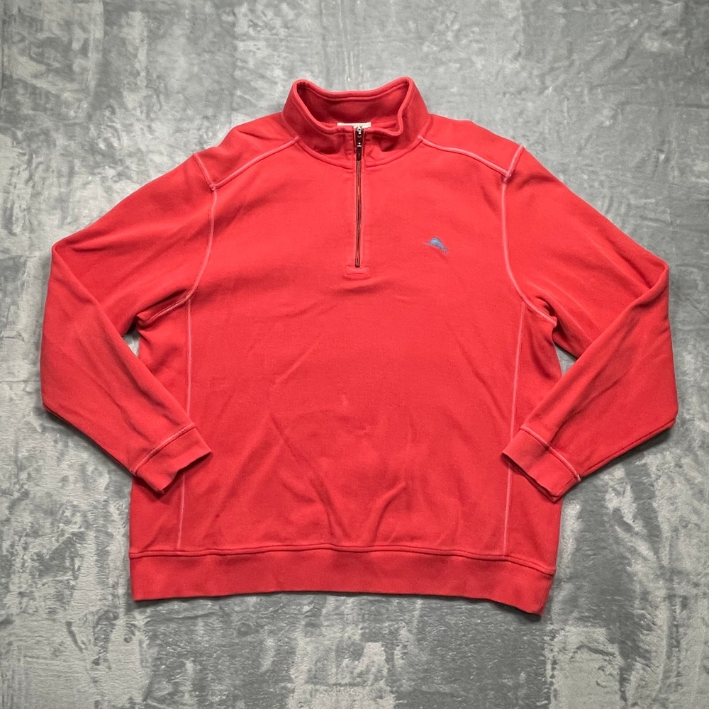 Tommy Bahama Quarter Zip Pullover Mens XL Red Relax Ribbed Cotton Marlin Logo